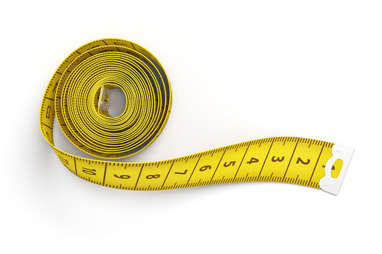 3d rendering of partly rolled out yellow measuring tape isolated on white background.