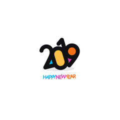 Simple isolated New Year 2019 vector logo. Black numbers with colored elements. Greeting logotype.
