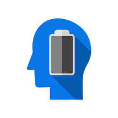 Man with empty battery head icon. Tired man icon. Mind empty battery thinking, idea head. Feeling tired and charging battery.