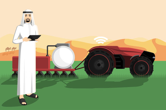 Arab farmer with a tablet computer controls autonomous tractor.  Smart agriculture in desert. Vector illustration EPS 10