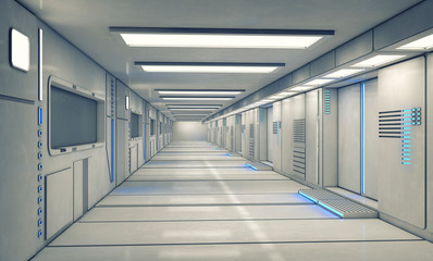 3D Illuminated futuristic white laboratory interior of a hospital.