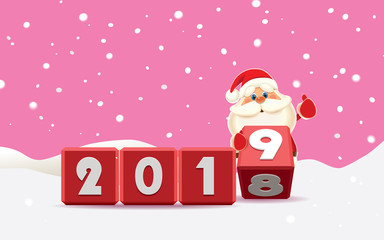 Santa Claus changing date from 2018 to 2019 rotating cubes with numbers in a winter ambience