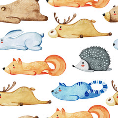 Seamless pattern with different cute animals. Lazy animals. Wate