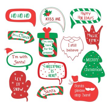 Holiday speech bubbles set with christmas greetings: merry christmas, happy holiday, let it snow etc. Vector illustration.