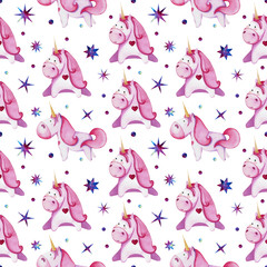 Seamless pattern with pink unicorns. Drawing with watercolor