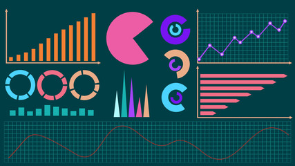 Different colorful infographic elements, diagrams, data visualization on dark green background 3D illustration