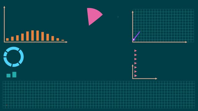 Different colorful infographic elements, diagrams, data visualization on dark green background flat design