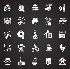 Birthday party icons set on black background for graphic and web design, Modern simple vector sign. Internet concept. Trendy symbol for website design web button or mobile app