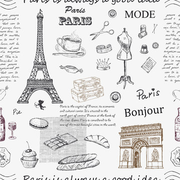 Paris. Vintage seamless pattern with Eiffel Tower, Triumphal Arch