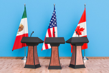 United States Mexico Canada Agreement, USMCA or NAFTA meeting concept. 3D rendering - obrazy, fototapety, plakaty