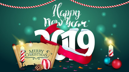 Happy New Year 2019 - green New Year greeting card with old parchment and candle