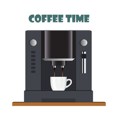Modern coffee machine for home, restaurant, office or cafe. Coffee break concept illustration. Coffee machine pours freshly brewed coffee into a cup. Flat design, vector.