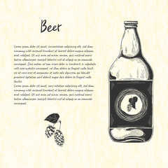 Beer bottle in sketch style. Vector illustration for bar menu.