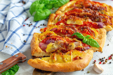 Vegetable potato open pie closeup.