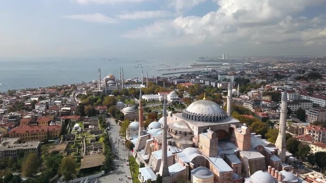 Hagia Sophia and Blue Mosque in Istanbul Aerial. Sultanahmet Mosque built to rival Hagia Sophia, they located next to each other and it is hard to decide which is more extraordinary structure