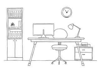 Sketch the room. Office chair, desk, various objects on the table. Sketch workspace.