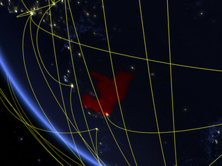 Congo on planet Earth from space at night with network. Concept of international communication, technology and travel.