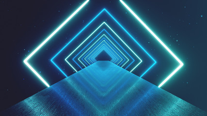 Abstract motion geometric background, glowing neon squares creating a rotating tunnel, blue pink...