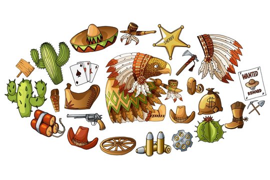 Vector hand drawn wild west indians elements stickers set illustration