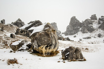 Castle Hill landscape covered in snow, South Island, New Zealand