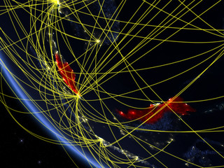 Malaysia on planet Earth from space at night with network. Concept of international communication, technology and travel.