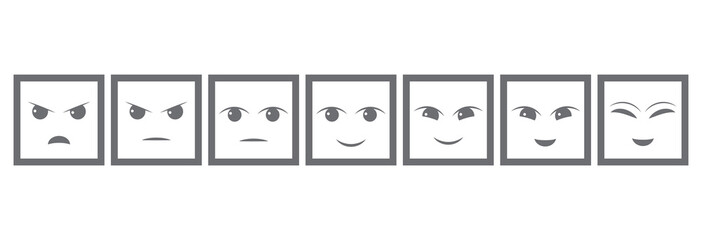 Seven Gray Faces Feedback/Mood. Iconic illustration of satisfaction level. Range to assess the emotions of your content. User experience. Customer feedback. Excellent, good, normal, bad, awful. EPS10