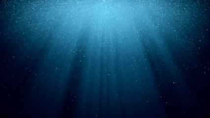 Abstract background with motion of shining blinking particles on blue background with rays of light. 3d illustration