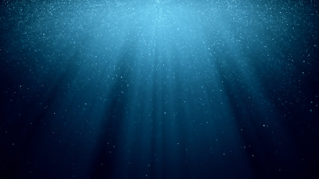 Abstract background with motion of shining blinking particles on blue background with rays of light. 3d illustration