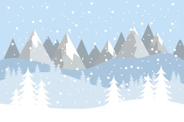  Flat vector landscape with silhouettes of trees, hills and mountains with falling snow. © Jan