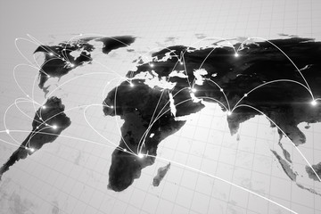 Global business concept of connections and information transfer in the world in black and white 3d illustration