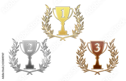 メタリックの質感の金銀銅の月桂樹 ローレルつきトロフィーのイラストセット Trophy Illustration Wall Mural Globeds メタリックの質感の金銀銅の月桂樹 ローレルつきトロフィーのイラストセット Trophy Illustration Wall Mural Globeds