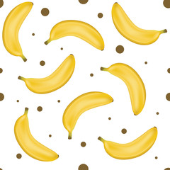 Yellow banana seamless pattern. Sweet bananas pattern with polka dots background. Stylish seamless background with bananas