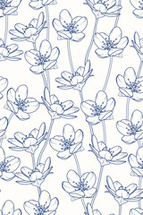 Sakura tree cherry blossom floral vertical seamless pattern. Dark navy blue line design. Spring japanese chinese vintage retro style. Vector design illustration.