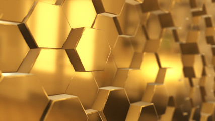Abstract 3d illustration background made of shining golden hexagons
