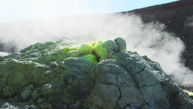 Volcanic activity, sulfur fumarole and hot gas on the slope of Ebeko volcano, Northern Kuriles, Paramushir Island