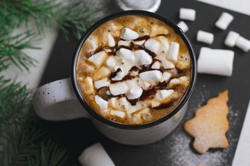 Hot Drink with Marshmallow and Christmas Cookies, Mug of Cocoa or Coffee Beverage