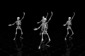 Three dancing skeletons on an isolated black background with reflective floor, 3d illustration