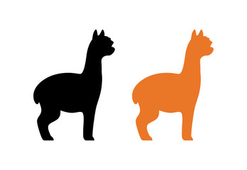 Silhouette of peruvian Alpaca in black and orange color isolated on white. Vector illustration of furry american animal