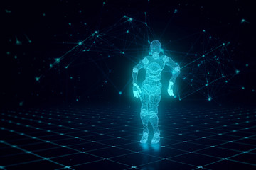 Dancing blue 3D character luminous artificial intelligence from polygons on the floor of the grid on the technological background 3d illustration