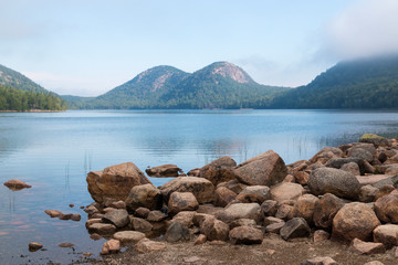 Fototapeta na wymiar A landscape view of the Bubbles from Jordan Pond in Acadia National Park in Maine.