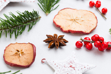Christmas composition. Gifts, cones decorations on white background. Christmas, winter, new year concept. Flat lay, top view, copy space.  Flat lay. Top view.