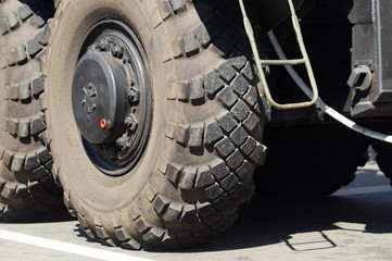 Wheel of military truck. Parade of victory in Ukraine.