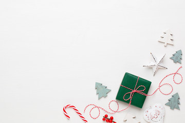 Christmas composition. Christmas decorations on white background. Flat lay, top view