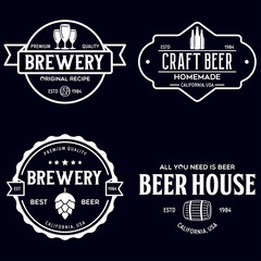 Set of vintage monochrome badge, logo templates and design elements for beer house, bar, pub, brewing company, brewery, tavern, restaurant.
