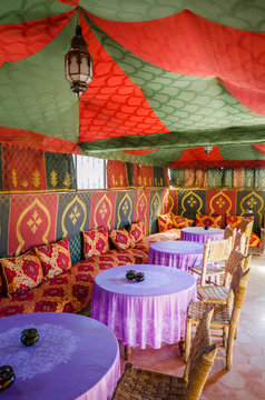 Traditional interior of cafe in Marrakech, Morocco