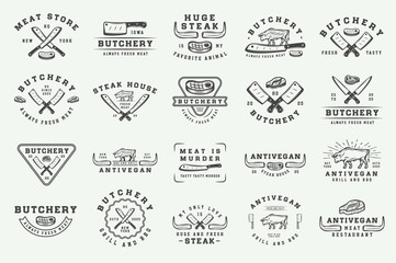 Set of vintage butchery meat, steak or bbq logos, emblems, badges, labels. Graphic Art. Illustration. Vector.
