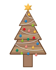 christmas tree in wood with hanging balls isolated icon