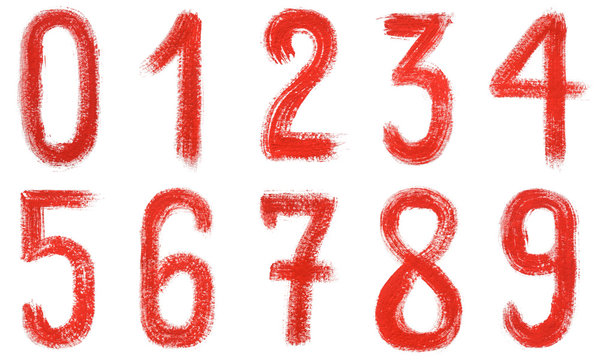 Watercolor hand written red numbers 0-9. Isolated on a white background.