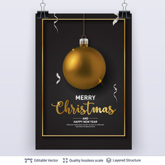 Golden Christmas ball and text on dark background.