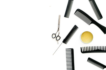 female hairdresser desk with accessories and combs on white background top view mockup